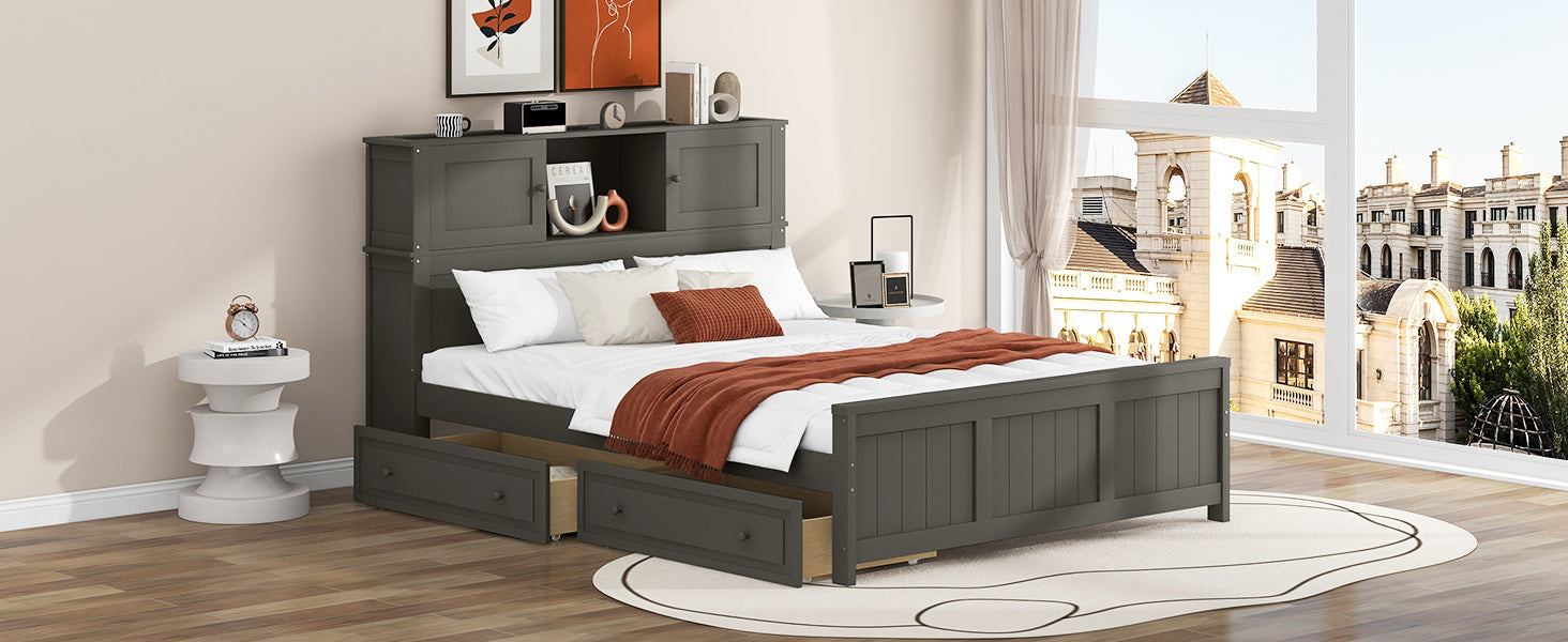 Full Size Platform Bed With Storage Headboard And Sliding Door,2 Drawers, Gray Full Gray Solid Wood Mdf