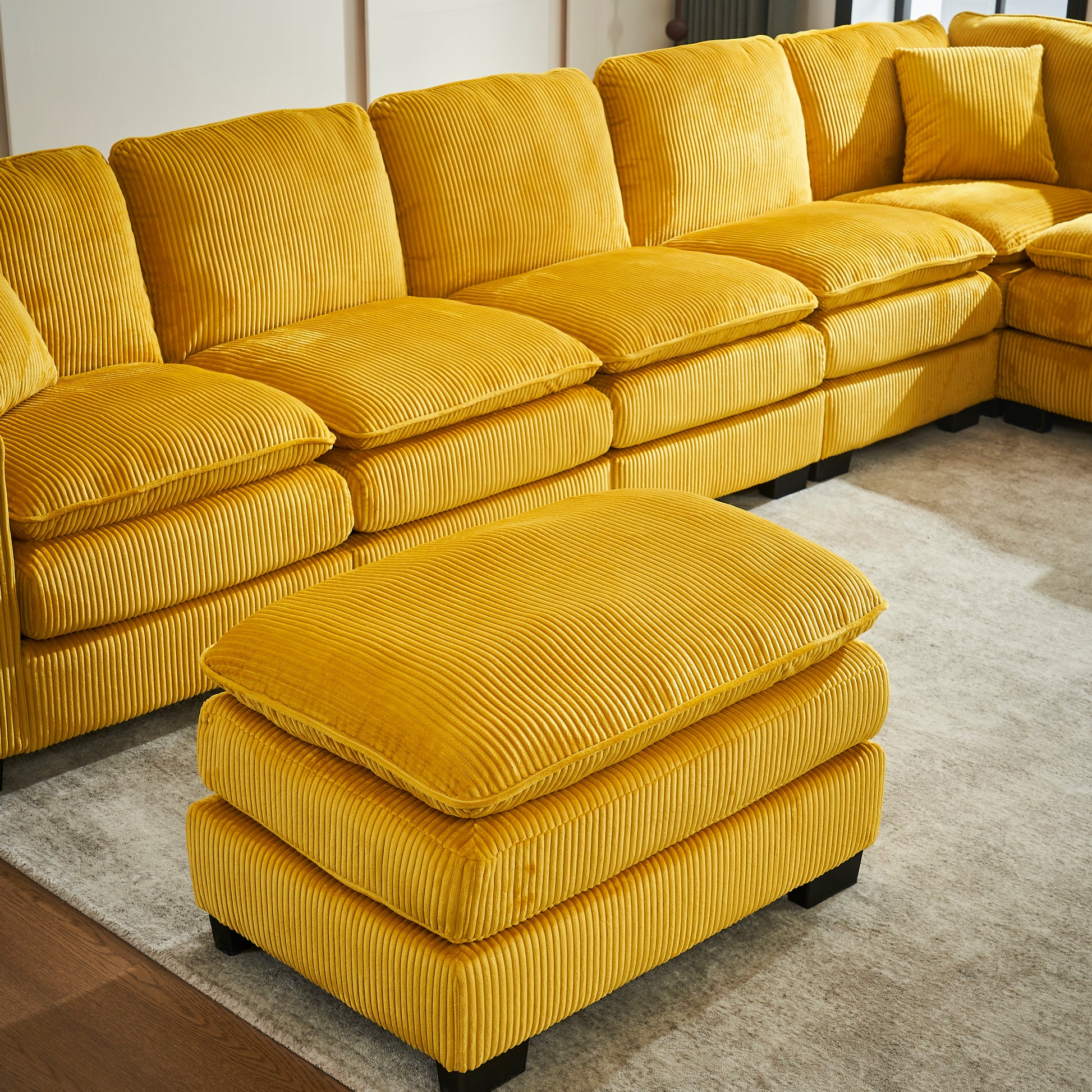 Modern U Shaped 6 Seat Sectional Sofa Couch With One Ottoman And Three Toss Pillows ,Modular Sofa For Living Room,Corduroy Sofa Yellow Corduroy 7 Seat