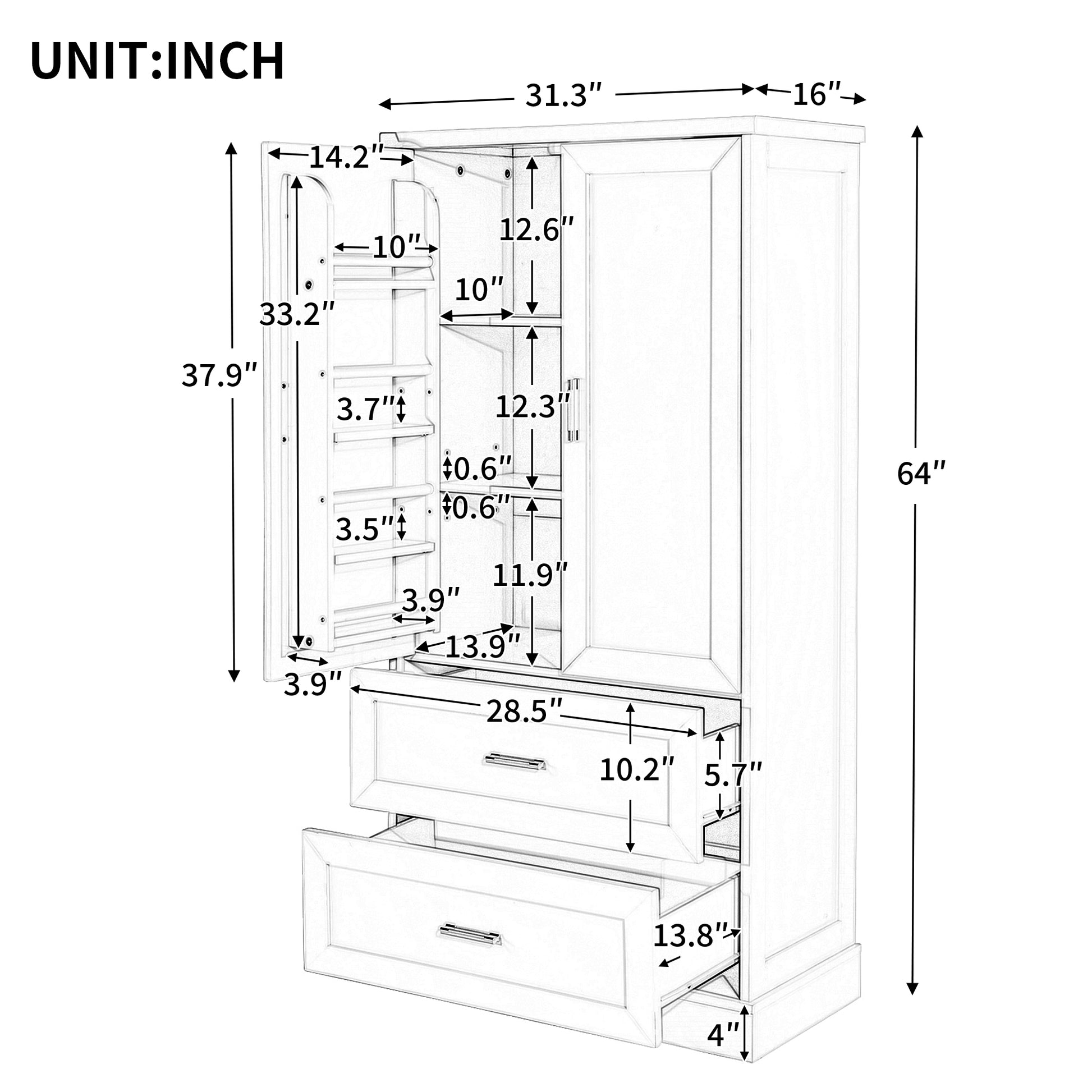 Tall Bathroom Storage Cabinet, Cabinet With Two Doors And Drawers, Adjustable Shelf, Mdf Board, Black Black Mdf