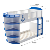 Sky Blue And White Twin Twin Boat Shaped Bunk Bed White Blue White Mdf