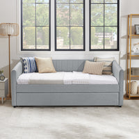 Twin Size Daybed With Trundle Upholstered Sofa Bed, With Vertical Stripes, Linen Fabric, Grey 82.5"X43"X30" Twin Grey Bedroom Contemporary,Minimalist Linen