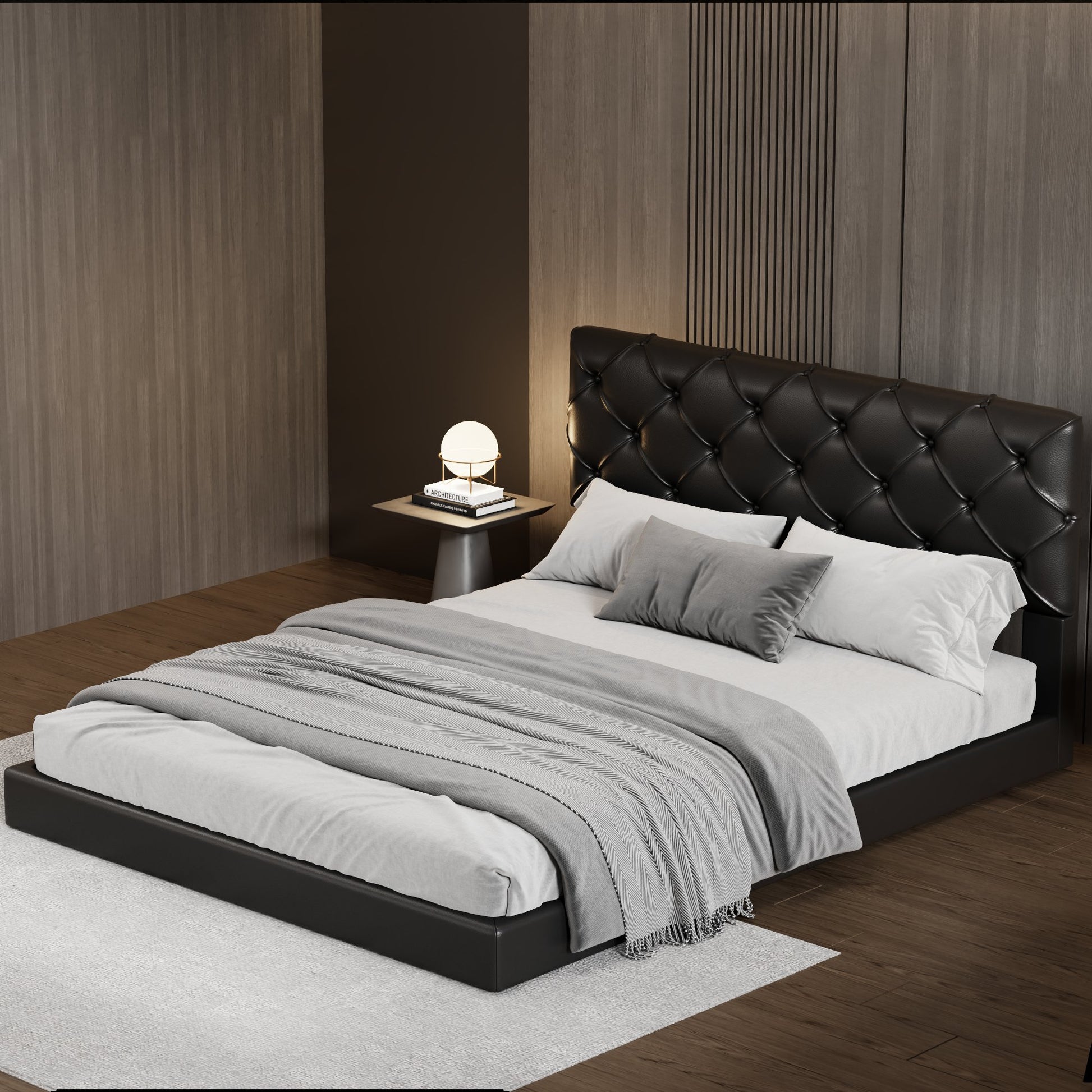 Queen Size Tufted Upholstered Platform Bed, Black Box Spring Not Required Queen Black Wood Bedroom Bed Frame Faux Leather Upholstered