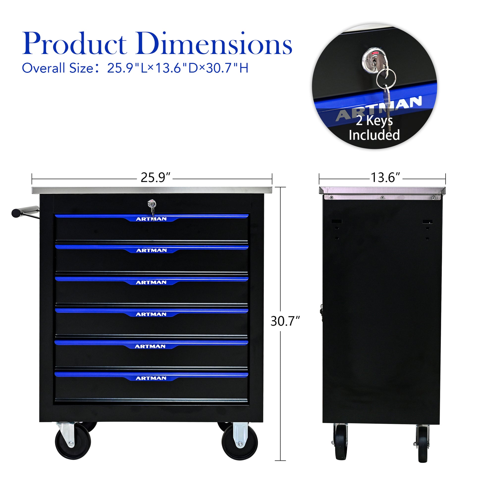 6 Drawers Multifunctional Tool Cart With Wheels Black Blue Black Blue Steel