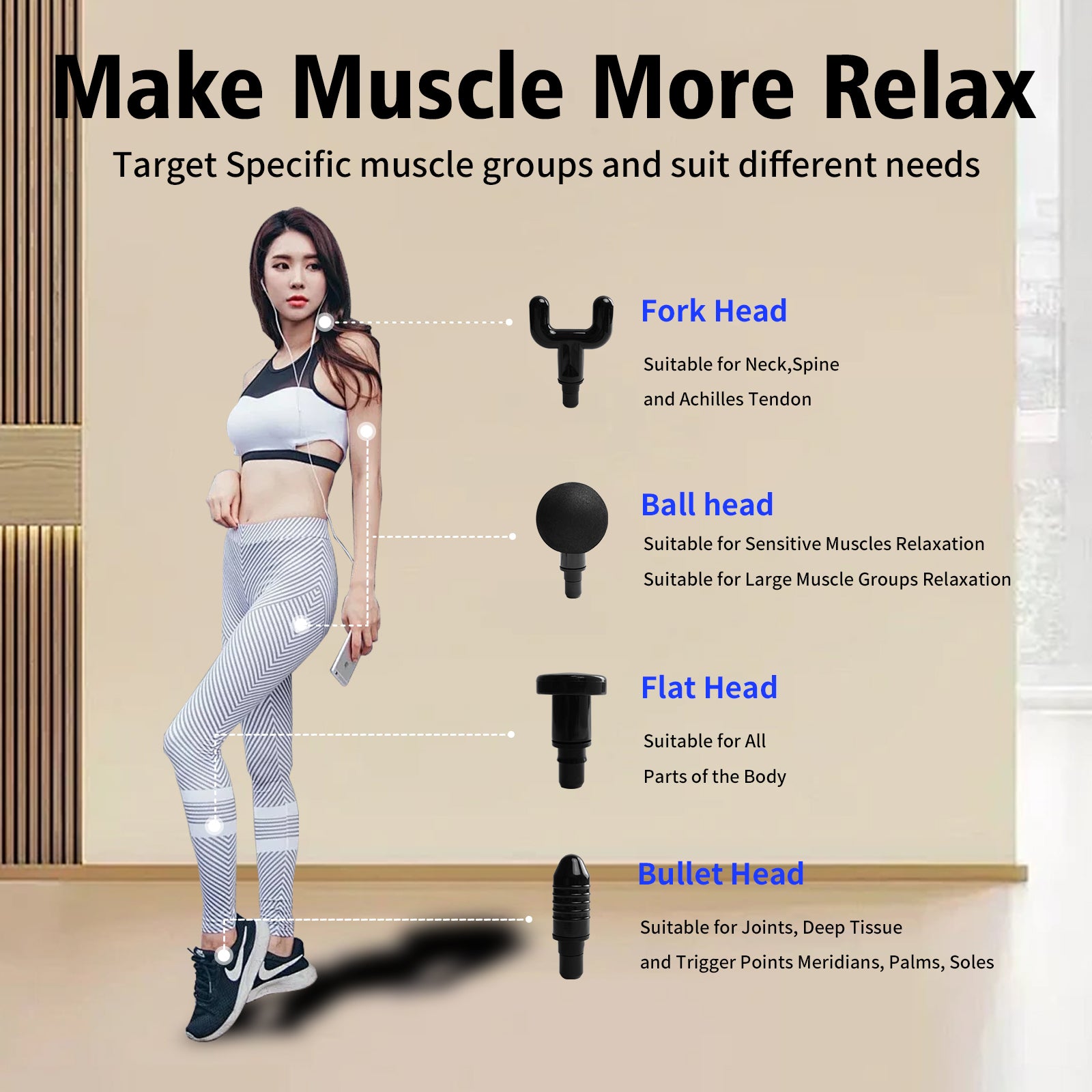 Massage For Home Gym Fascial Muscle Massager With 4 Massage Heads And Carry Bag Gold Abs Pc