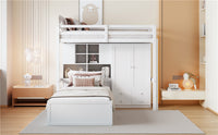 Twin Bunk Bed With Drawers, Wardrobe, Storage Shelves And Hydraulic Bed,White White Mdf Lvl