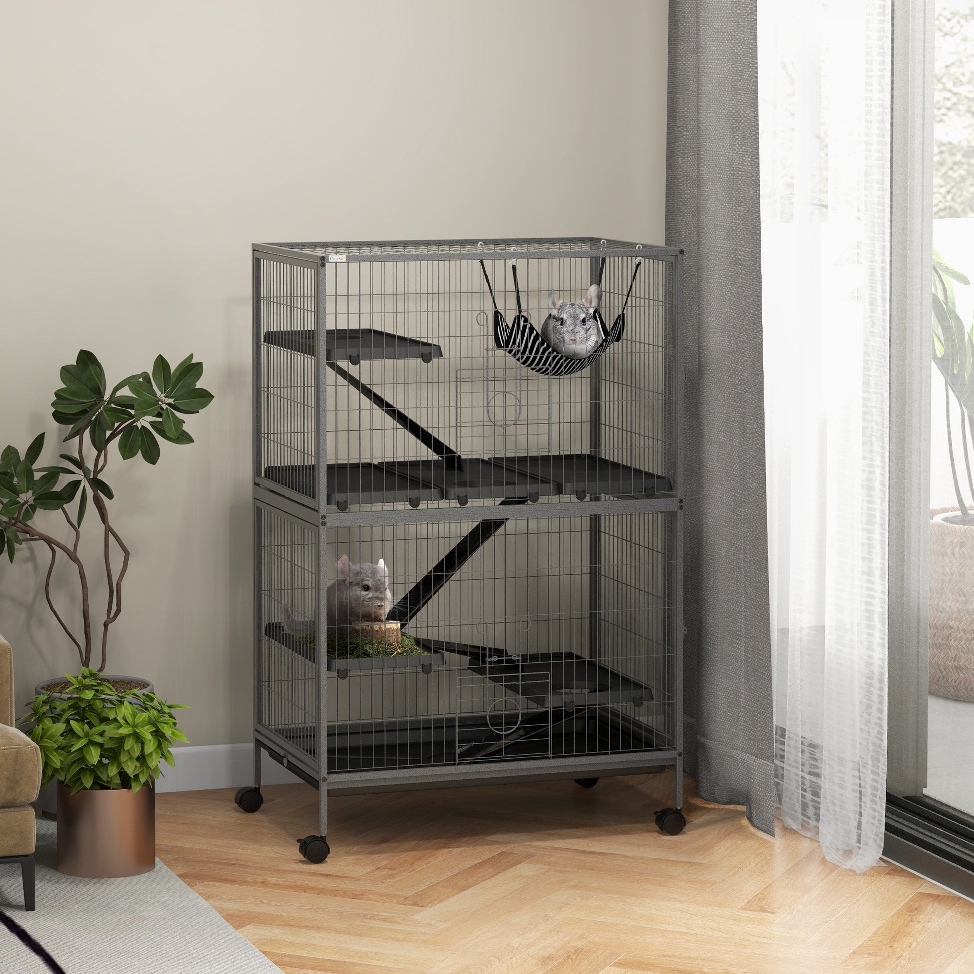 Pawhut 50" 5 Tier Small Animal Cage, Ferret Cage, Large Chinchilla Cage With Hammock Accessory & Heavy Duty Steel Wire, Small Animal Habitat With 4 Doors, Removable Tray, Gray Grey Steel