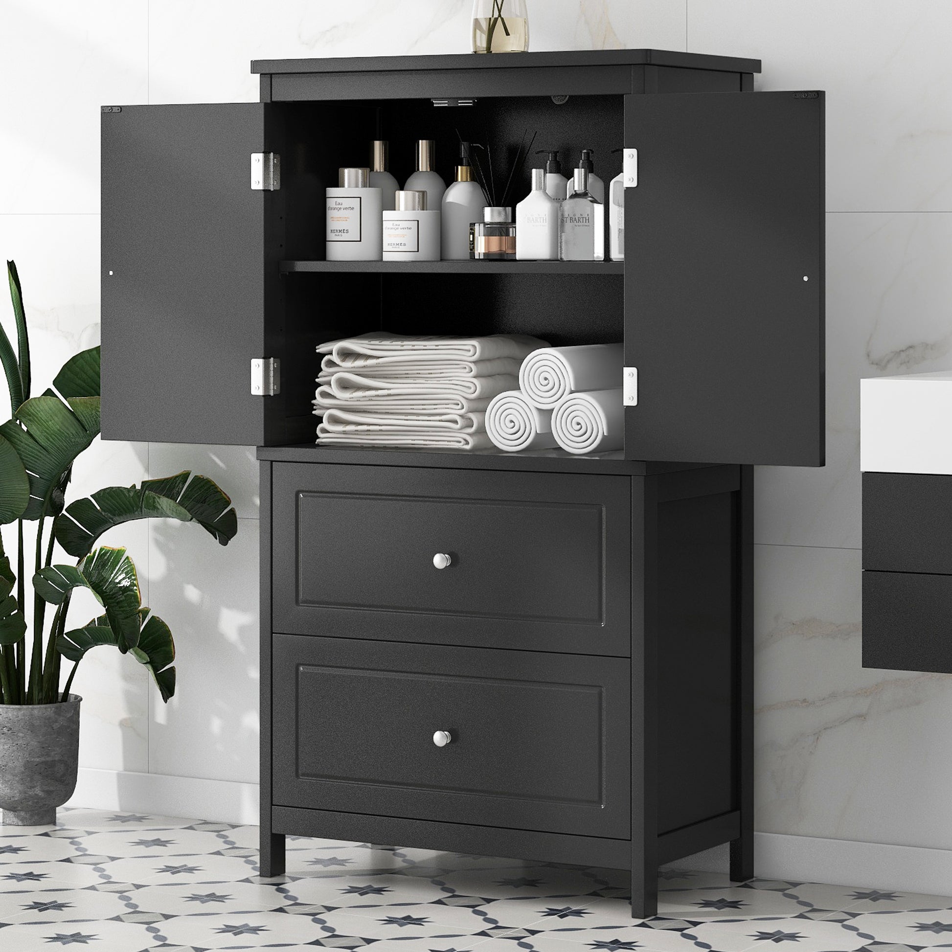 Bathroom Storage Cabinet, Cabinet With Two Doors And Drawers, Adjustable Shelf, Mdf Board, Black Black Mdf