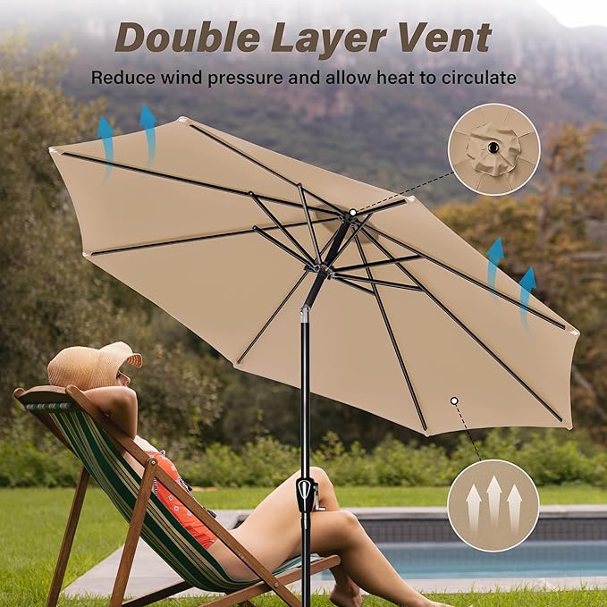 10Ft Outdoor Market Patio Umbrella With 8 Sturdy Ribs, Tilt Crank Push Button For Garden, Deck, Backyard And Pool Tan Stainless Steel