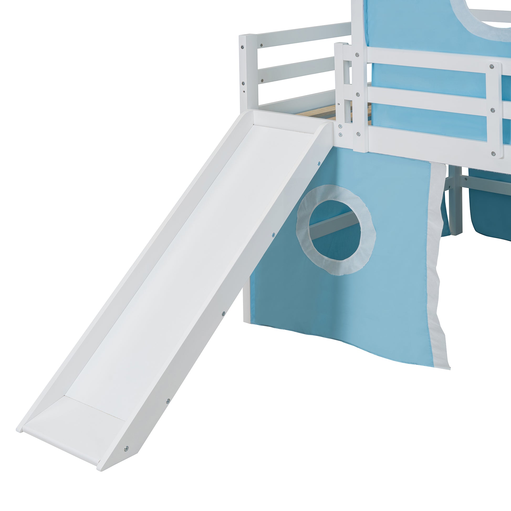 Full Size Loft Bed With Slide Pink Tent And Tower Blue Old Sku:Wf298771Aac Full Blue Solid Wood