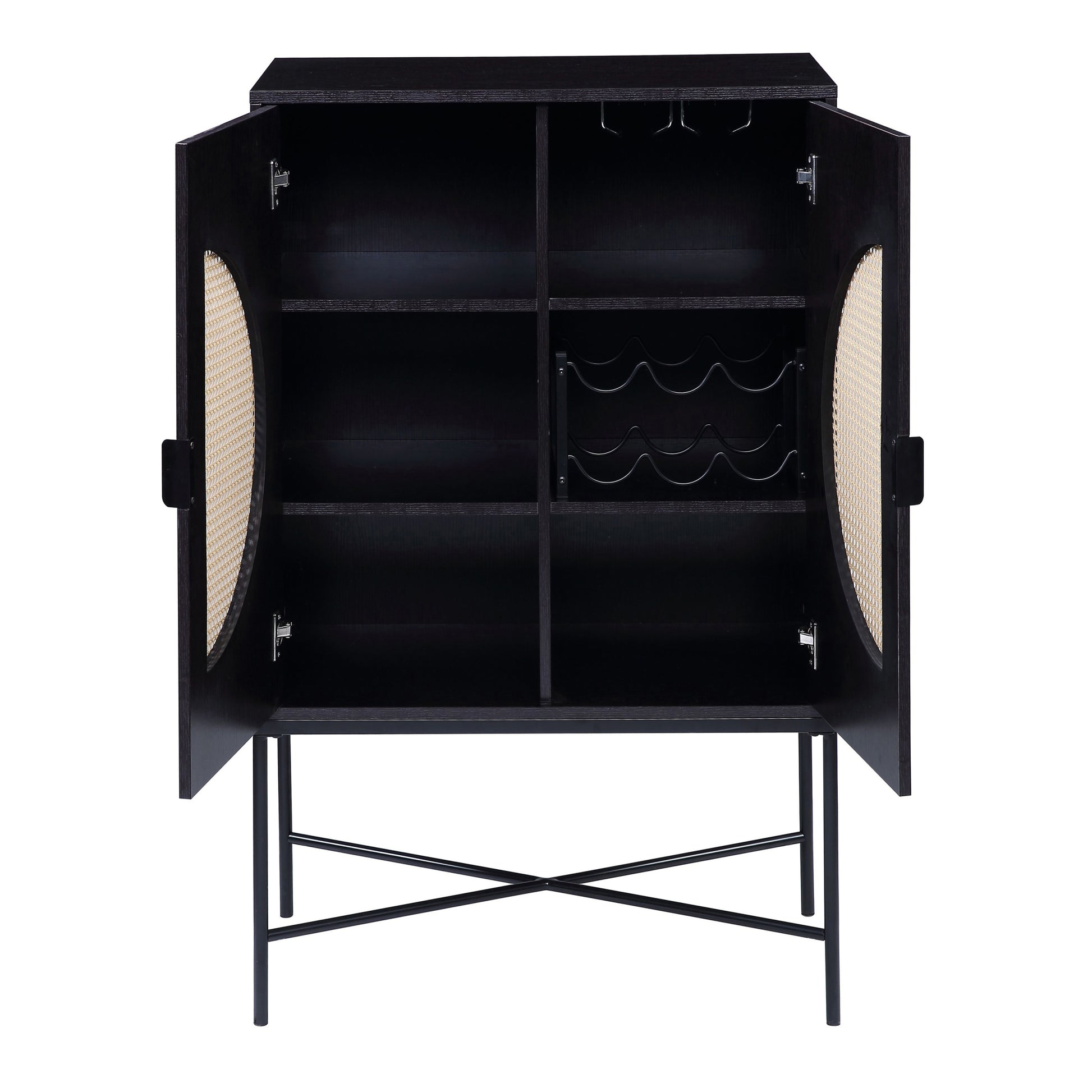 Black 2 Door Wine Cabinet With Rattan Insert Black Kitchen Modern Wood Metal