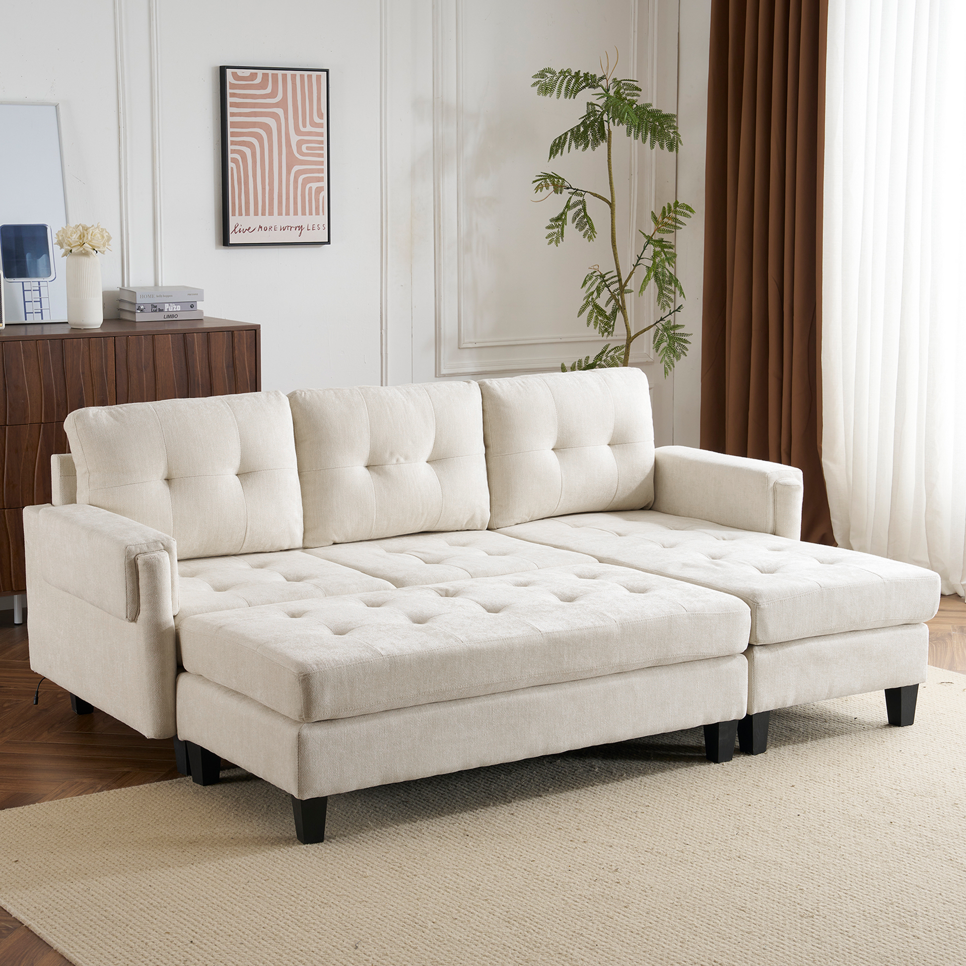 83.4" L Shaped Sofa Sectional Couch Sofa Bed With Two Usb Ports, A Movable Ottoman And A Reversible Chaise Lounge For Living Room, Beige Beige Foam Chenille 5 Seat