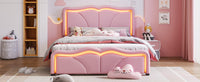 Full Size Upholstered Platform Bed With Curve Shaped And Height Adjustbale Headboard,Led Light Strips,Pink Full Pink Upholstered