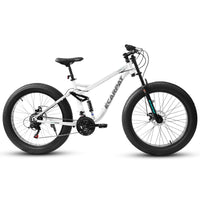 A26309 26 Inch Mountain Bike,Full Suspension 21 Speeds Drivetrain With Disc Brake Mtb Bicycle, 26*4" Fat Tire Bike For Men White Steel