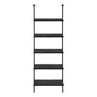 Bookshelf, Bookcase, Etagere, Ladder, 5 Tier, 72"H, Office, Bedroom, Black Marble Look Laminate, Black Metal, Contemporary, Modern Black Metal