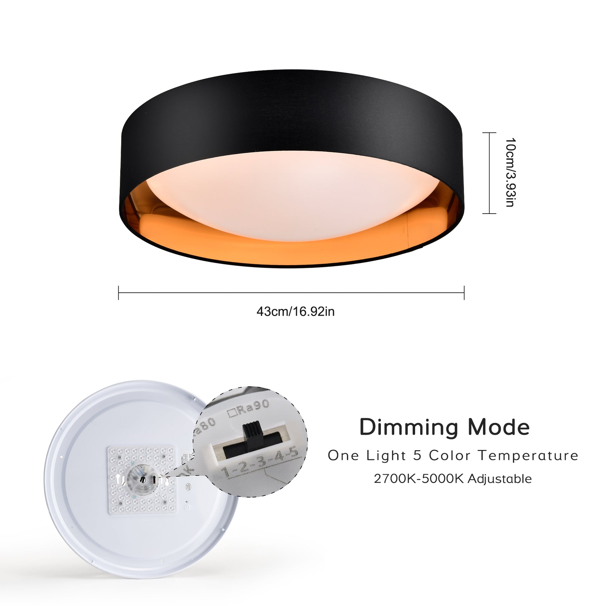 16.93Inch Flush Mount Ceiling Light 24W, 5 Cct Selectable 2700K 3000K 3500K 4000K 5000K Dimmable Ceiling Light Fixture, 2400Lumen Black Round Led Ceiling Light Flush Mount For Bedroom Black And Gold Black Fabric Acrylic