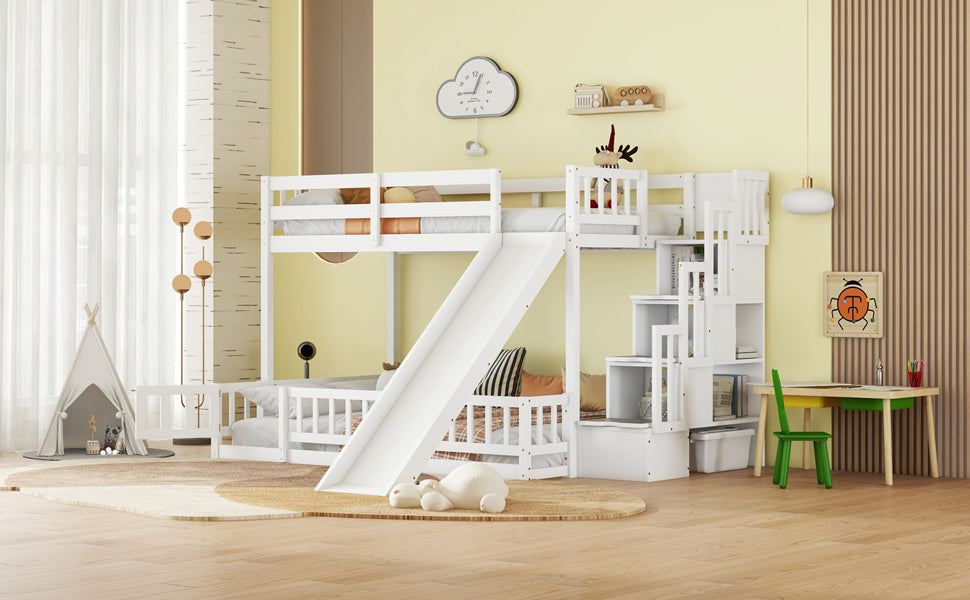 Twin Over Full Bunk Bed With Slide, Storage Staircase, Pine Solid Wooden Bunk Bed With Safety Guardrails,White White Pine