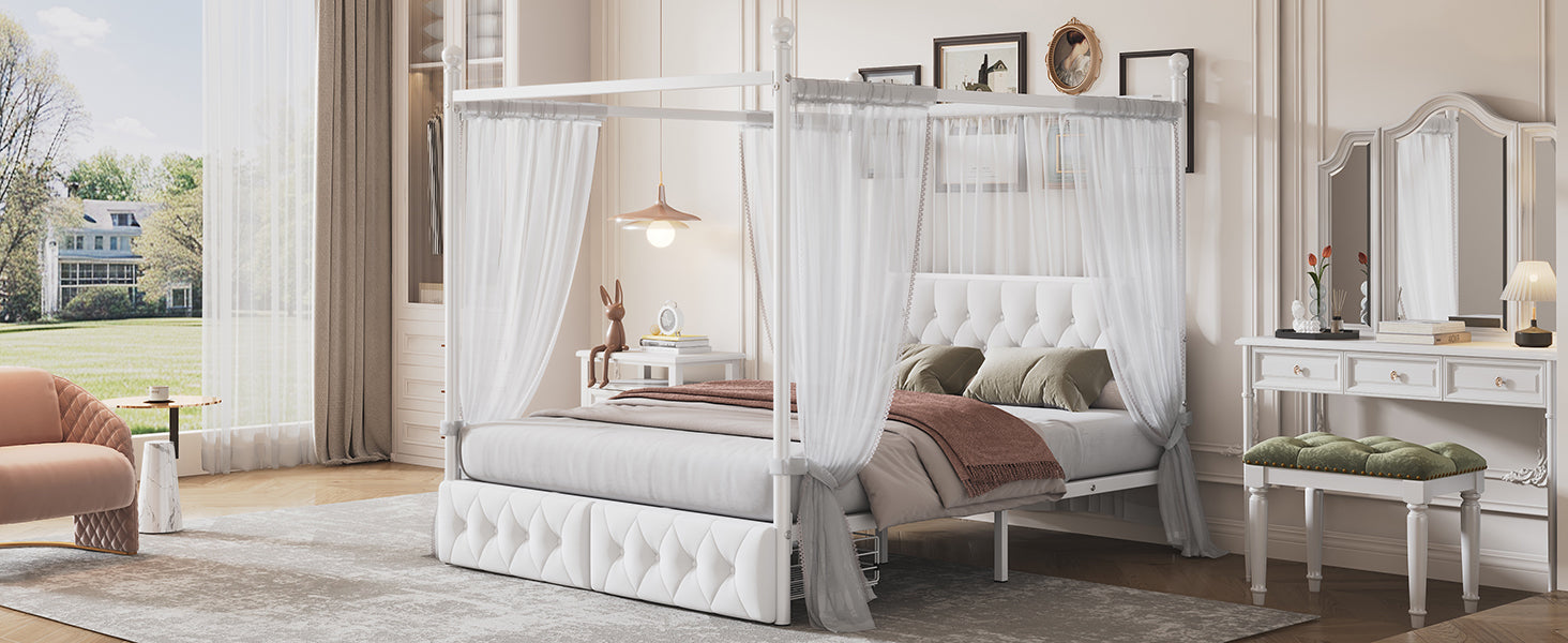 Queen Size Metal Canopy Platform Bed With Upholstered Headboard And Two Storage Drawers, White Queen White Metal