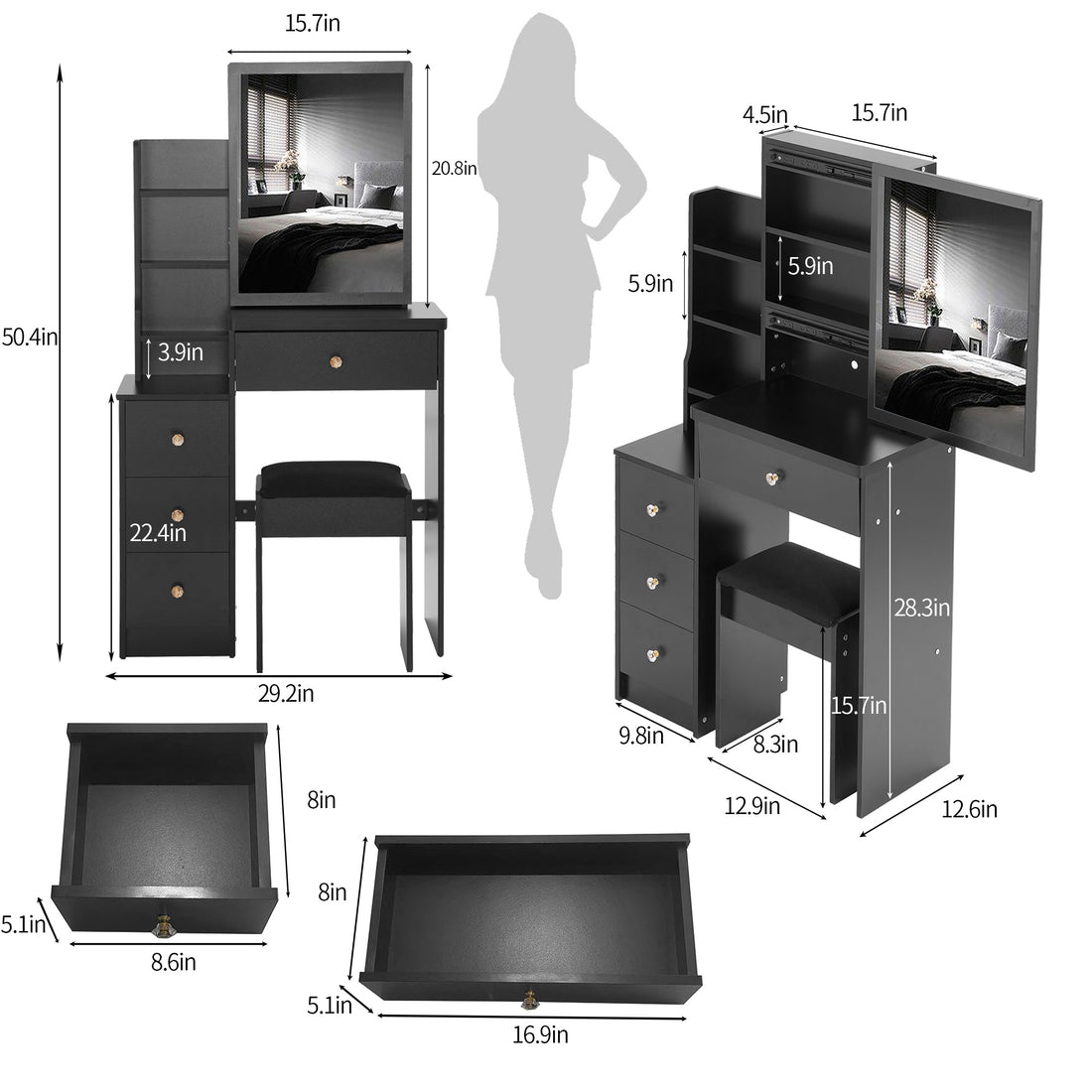 Small Size Left Bedside Cabinet Vanity Table Cushioned Stool, Extra Large Sliding Mirror, Multi Layer, High Capacity Storage Fashionable Dresser, Suitable For Small Space, Epa,Gcc,Ul Certificate
