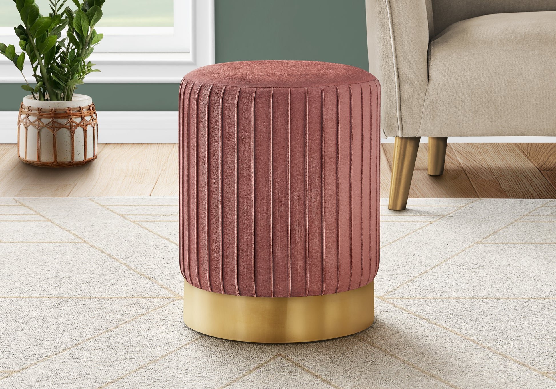 Ottoman, Pouf, Footrest, Foot Stool, 14" Round, Pink Velvet, Gold Metal Base, Contemporary, Modern Pink Foam Velvet