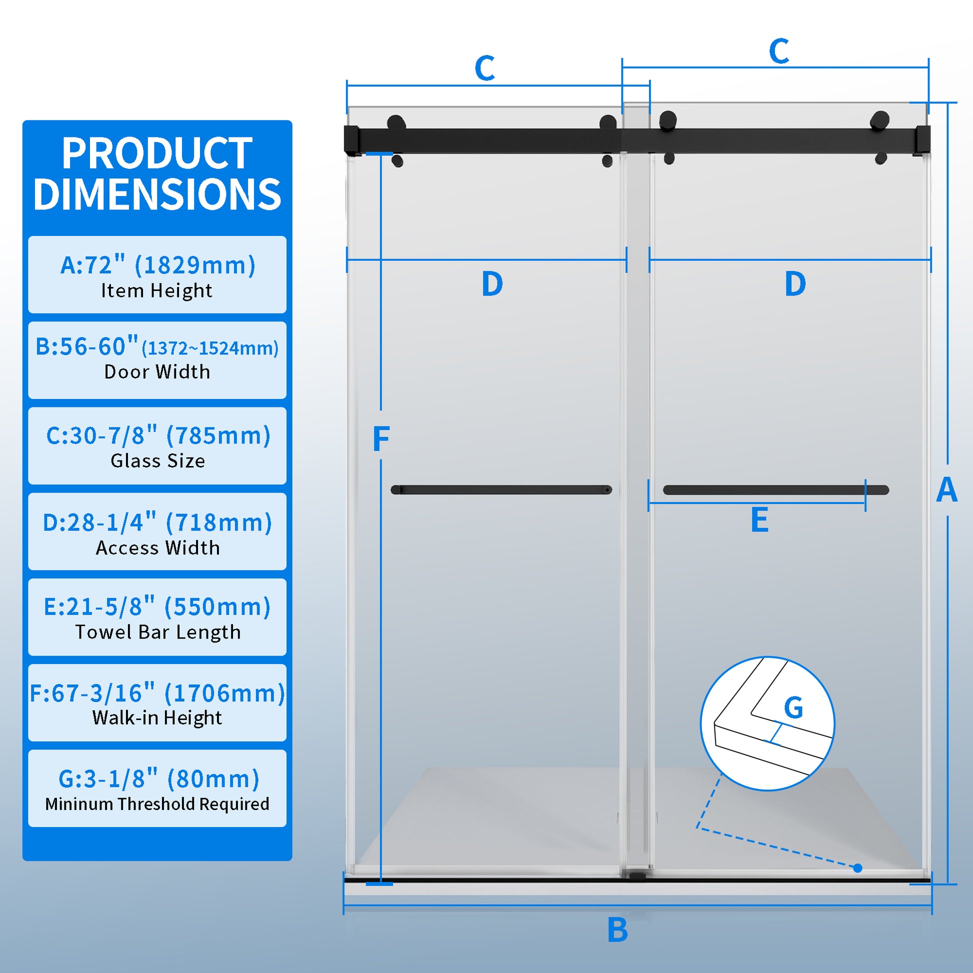 56 60 Inches Width 72 Inches Height Double Sliding Frameless Shower Door With 3 8 Inches 10Mm Clear Tempered Glass, Matte Black Finish Matte Black Bathroom Luxury,Modern Glass Aluminium,Stainless