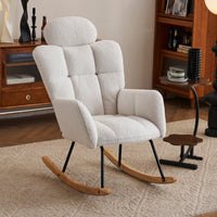 055 Teddy Fabric Upholstered Nursery Rocking Glider Chair Mid Century Modern Accent Arm Chair Padded Seat With High Backrest And Pillows For Living Room Bedroom Offices Ivory Teddy Headrest Solid