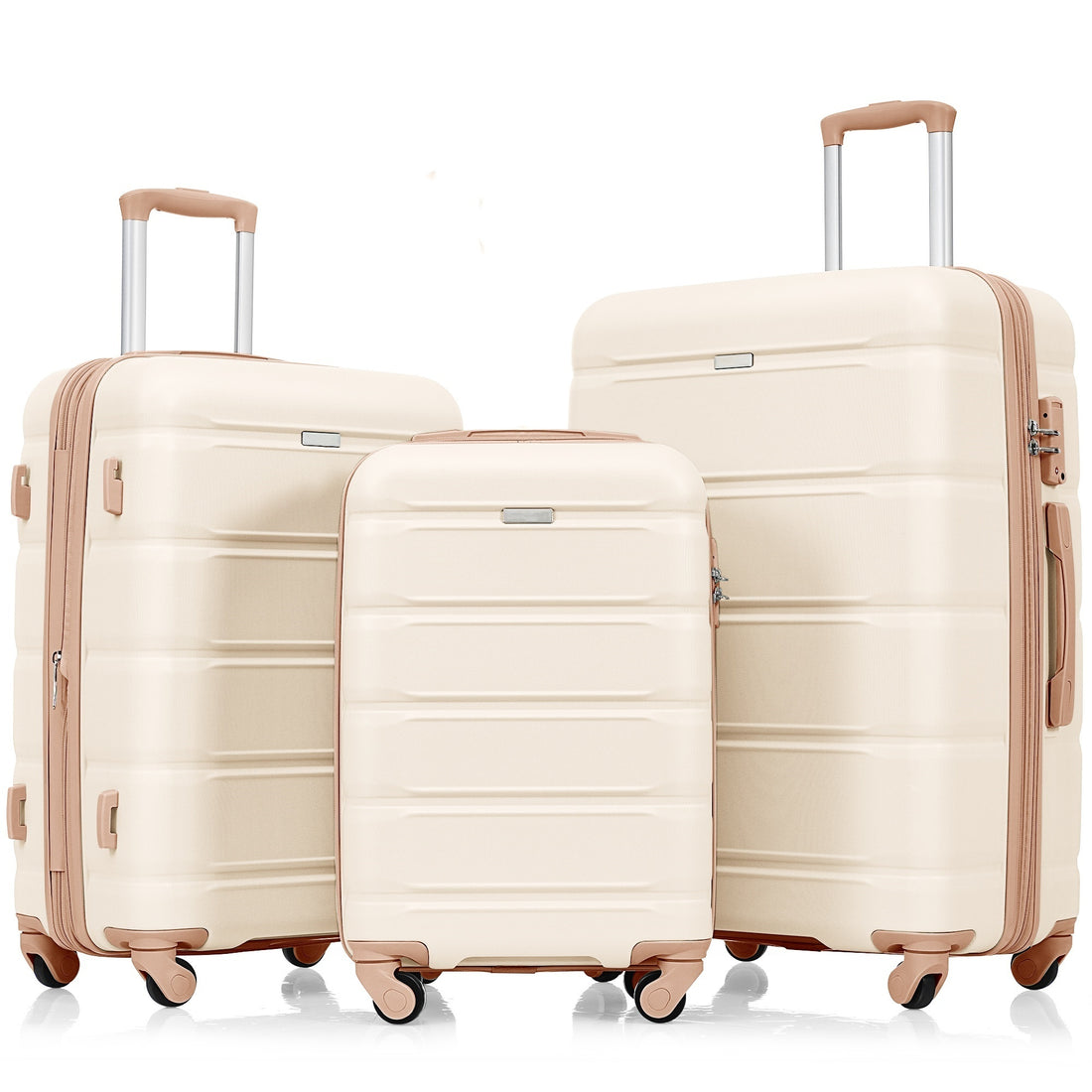 Luggage Set Of 3, 20 Inch With Usb Port, Airline Certified Carry On Luggage With Cup Holder, Abs Hard Shell Luggage With Spinner Wheels, Beige And Golden Beige Gold Abs