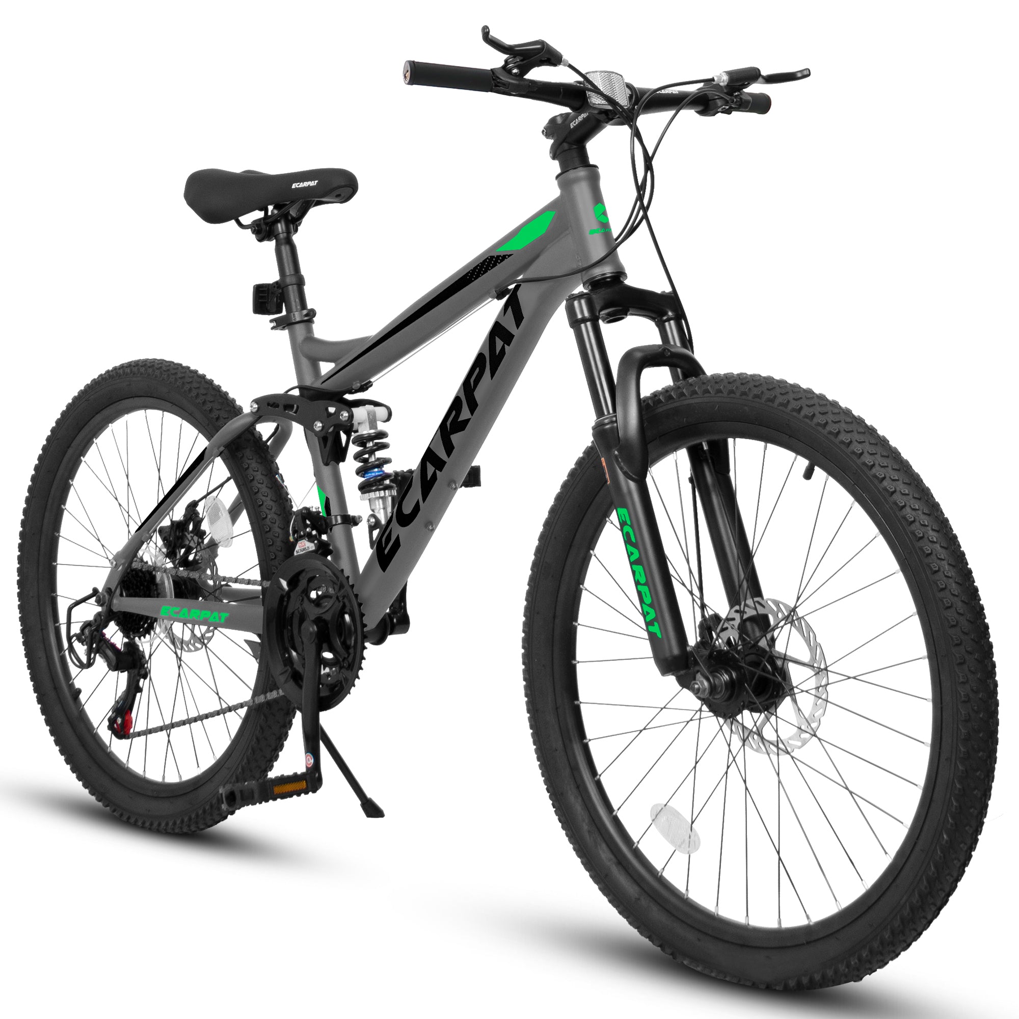 A2660 Ecarpat Mountain Bike 26 Inch Wheels, 21 Speed Full Suspension Mens Womens Trail Commuter City Mountain Bike, Carbon Steel Frame Disc Brakes Thumb Shifter Front Fork Rear Shock Absorber Bicycles Gray Carbon Steel