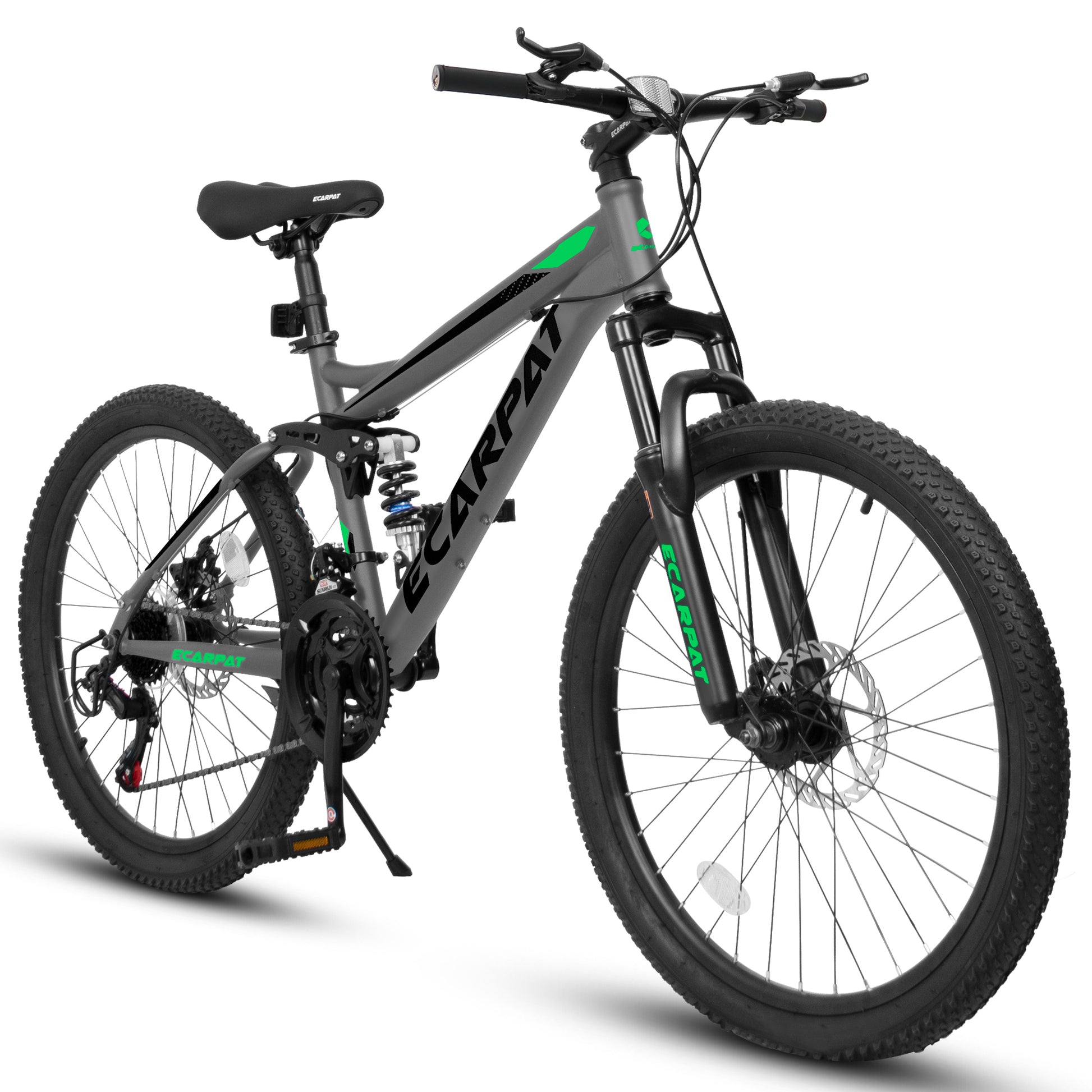 Ecarpat Mountain Bike 27 Inch Wheels, 21 Speed Full Suspension Mens Womens Trail Commuter City Mountain Bike, Carbon Steel Frame Disc Brakes Grip Shifter Front Fork Rear Shock Absorber Bicycles Gray Carbon Steel