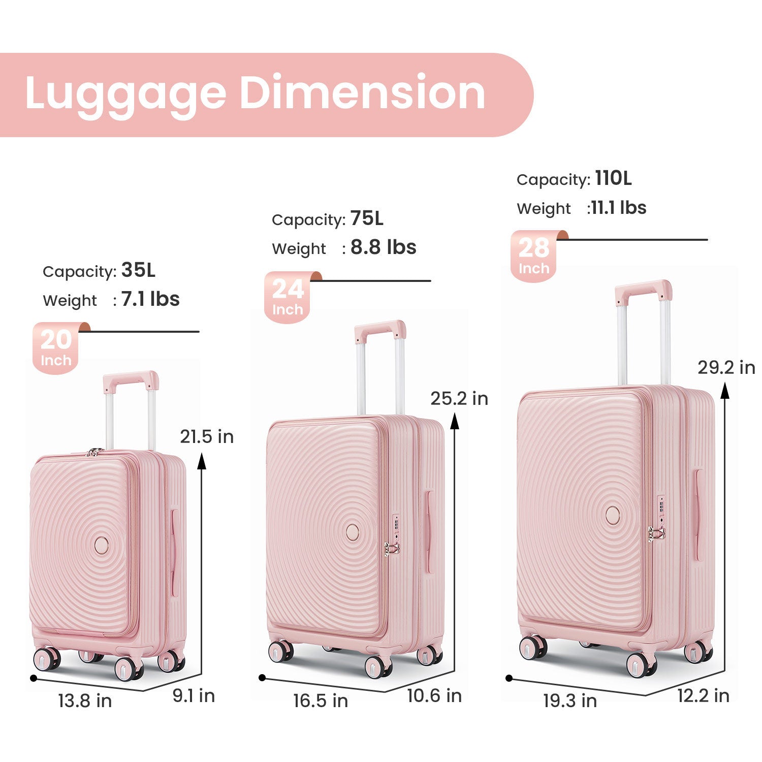 Luggage Sets 3 Piece 20 24 28 , Expandable Carry On Luggage With Tsa Lock Airline Approved, 100% Pc Hard Shell And Lightweight Suitcase With Front Pocket And Spinner Wheels Pink Pc