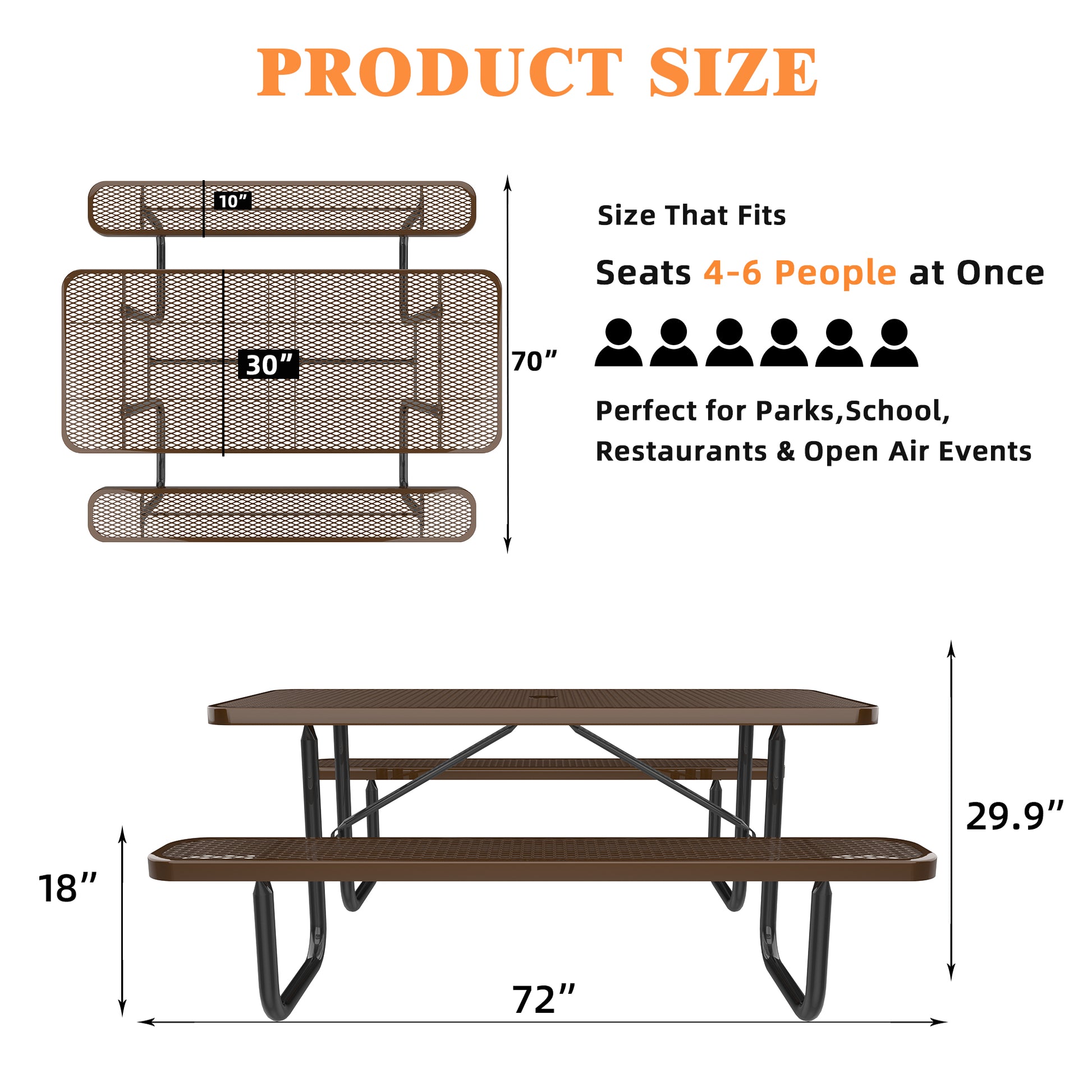 72" Expanded Metal Rectangular Picnic Table, Brown No Brown Seats 4 Rust Resistant Frame Garden & Outdoor Complete Patio Sets Steel Steel