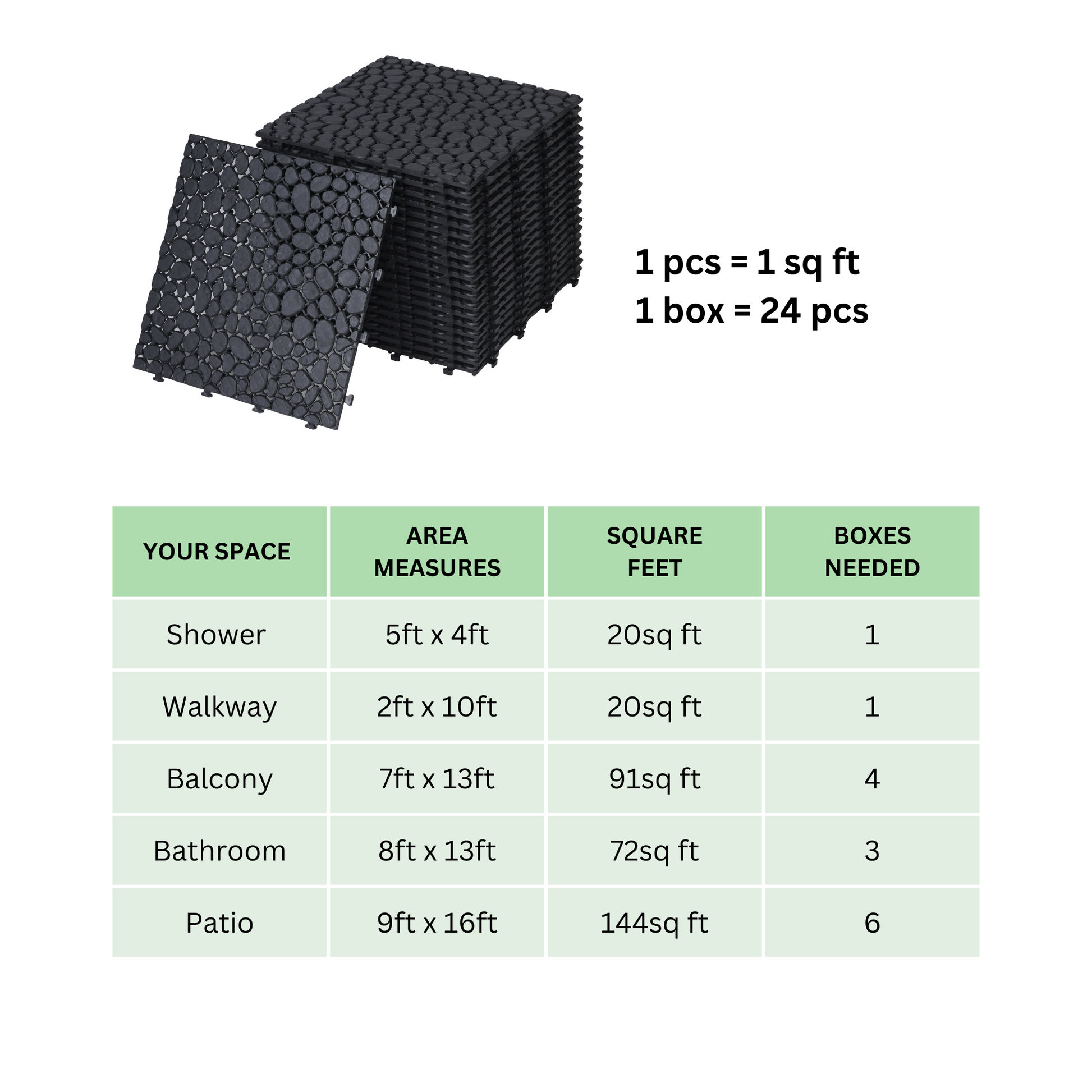 12 X 12 Inch Black Interlocking Deck Tiles Plastic Waterproof Outdoor All Weather Anti Slip Bathroom Shower Balcony Porch Strong Weight Capacity Upto 440 Lbs, Pebble Stone Pattern Pack Of 24 Black American Design,American Traditional Plastic