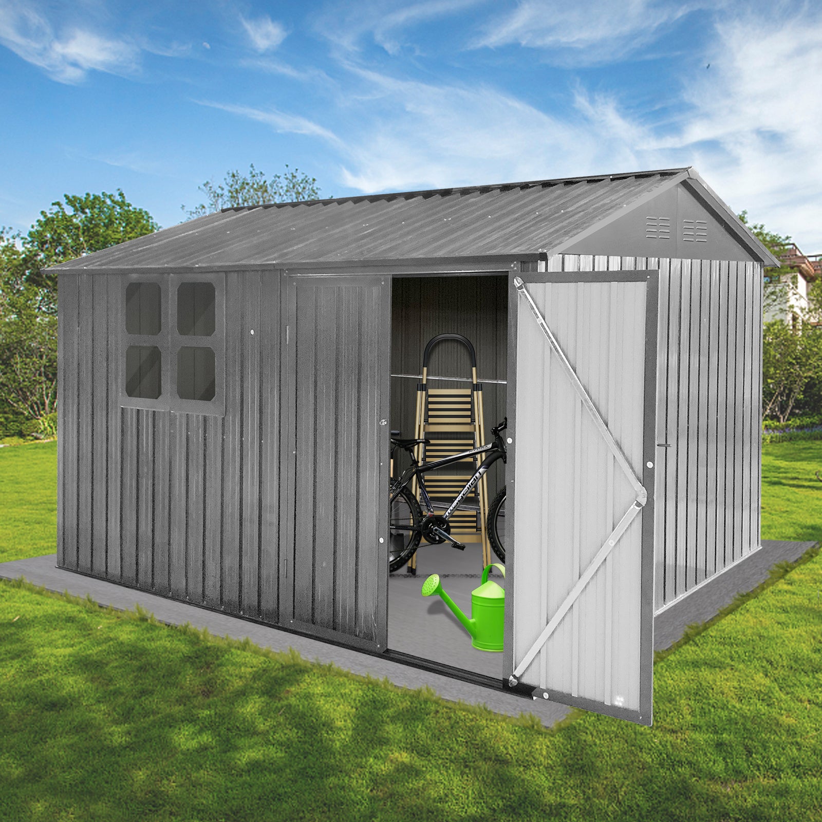 Metal Garden Sheds 10Ftx8Ft Outdoor Grey With Window Grey Metal