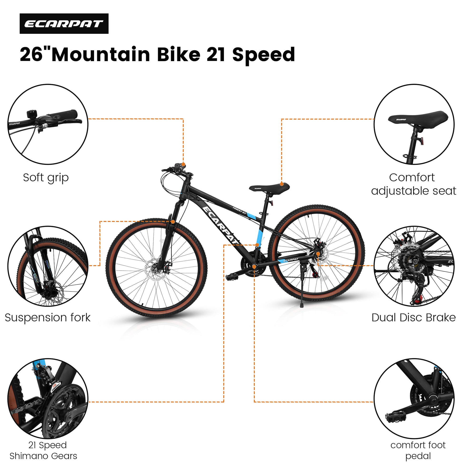 A27302 27 Inch Wheel Mountain Bike, 21 Speed Disc Brake Trigger Transmission, Aluminum Frame Unisex Mountain Bike Black Blue Aluminium