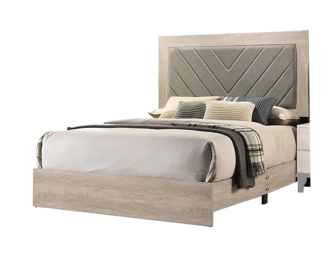 Contemporary 1Pc Cream Finish Queen Size Bed Bedroom Furniture Gray V Design Headboard Rubberwood 1Pc Bedframe Box Spring Required Queen Cream Grey Wood Bedroom