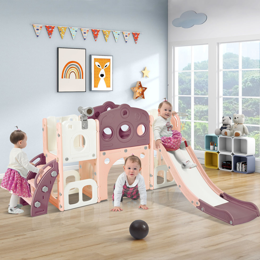 7 In 1 Toddler Slide Set, Freestanding Space Set With Slide, Kids Slide Playset Structure, Arch Tunnel And Basketball Hoop, Toy Storage Organizer For Toddlers, Kids Climbers Playground Purple 50 99 Lbs Cute 1 To 2 Years Hdpe Indoor & Outdoor Use