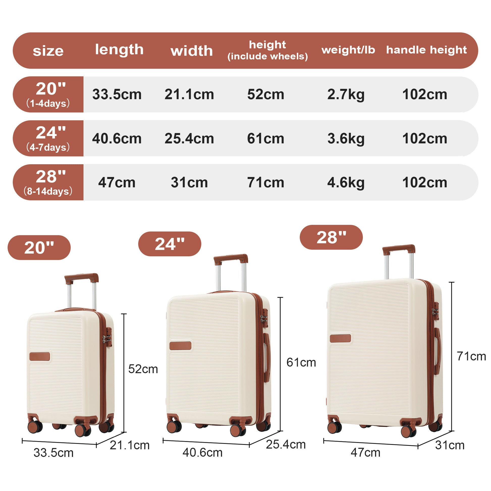 Hardshell Luggage Sets 3 Pcs Contrast Color Suitcase With Spinner Wheels And Tsa Lock 20" 24" 28" Available Brown White Abs