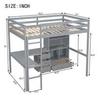 Full Size Loft Wood Bed With Desk, Storage Shelves And Drawers, Built In Ladder, High Loft Bed With Desk, Storage Shelves And Drawers,Guardrails,Grey Full Grey Pine