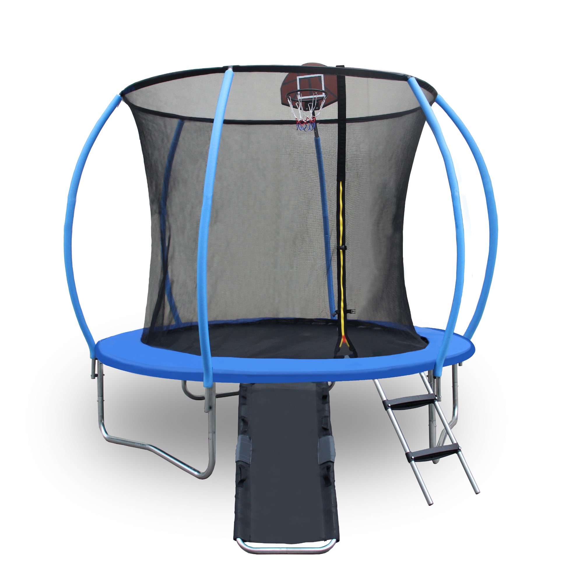 8Ft Trampoline With Enclosure Recreational Trampolines With Ladder And Anti Rust Coating, Pumpkin Shaped Trampoline With Slide And Basket Board, Astm Approval Outdoor Trampoline For Kids Black Blue