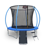 8Ft Trampoline With Enclosure Recreational Trampolines With Ladder And Anti Rust Coating, Pumpkin Shaped Trampoline With Slide And Basket Board, Astm Approval Outdoor Trampoline For Kids Black Blue