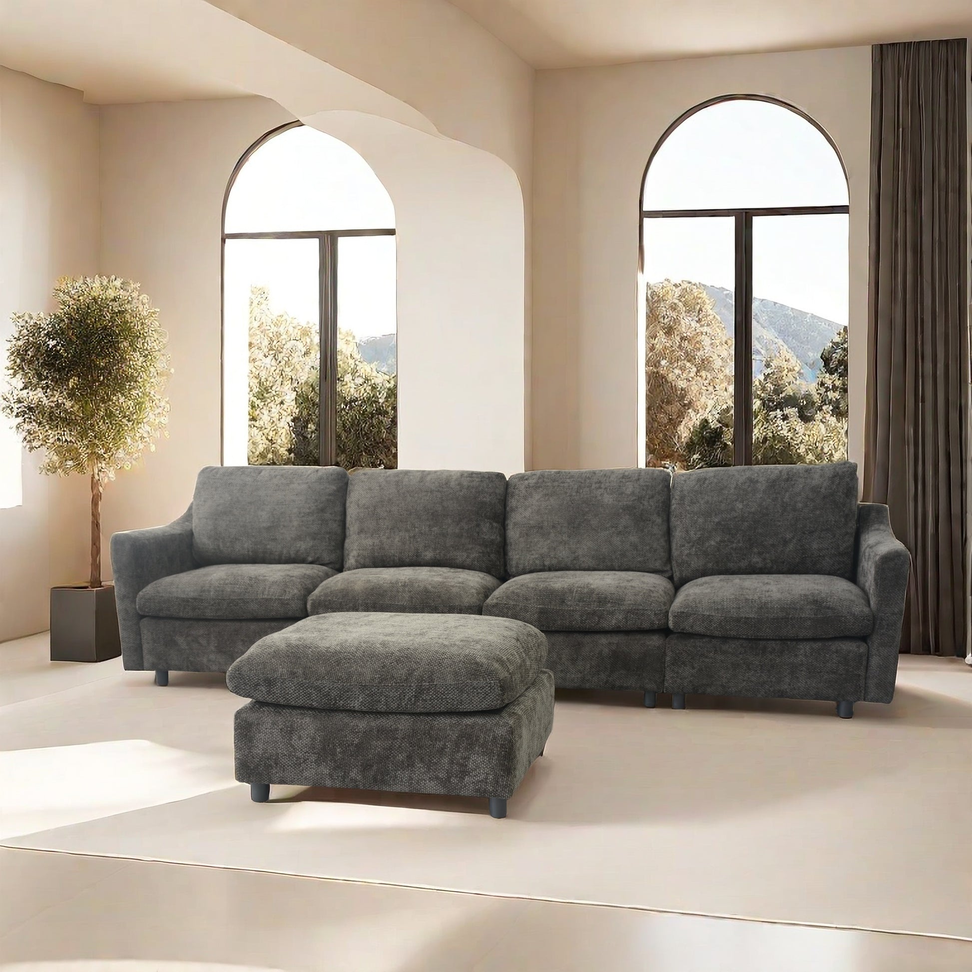 Modern Oversized Deep Seat Sectional Sofa With Reversible Chaise, Loop Yarn Fabric Five Seat Armless Indoor Furniture, Convertible Black L Shaped Couch For Living Room, Apartment, Two Colors Black