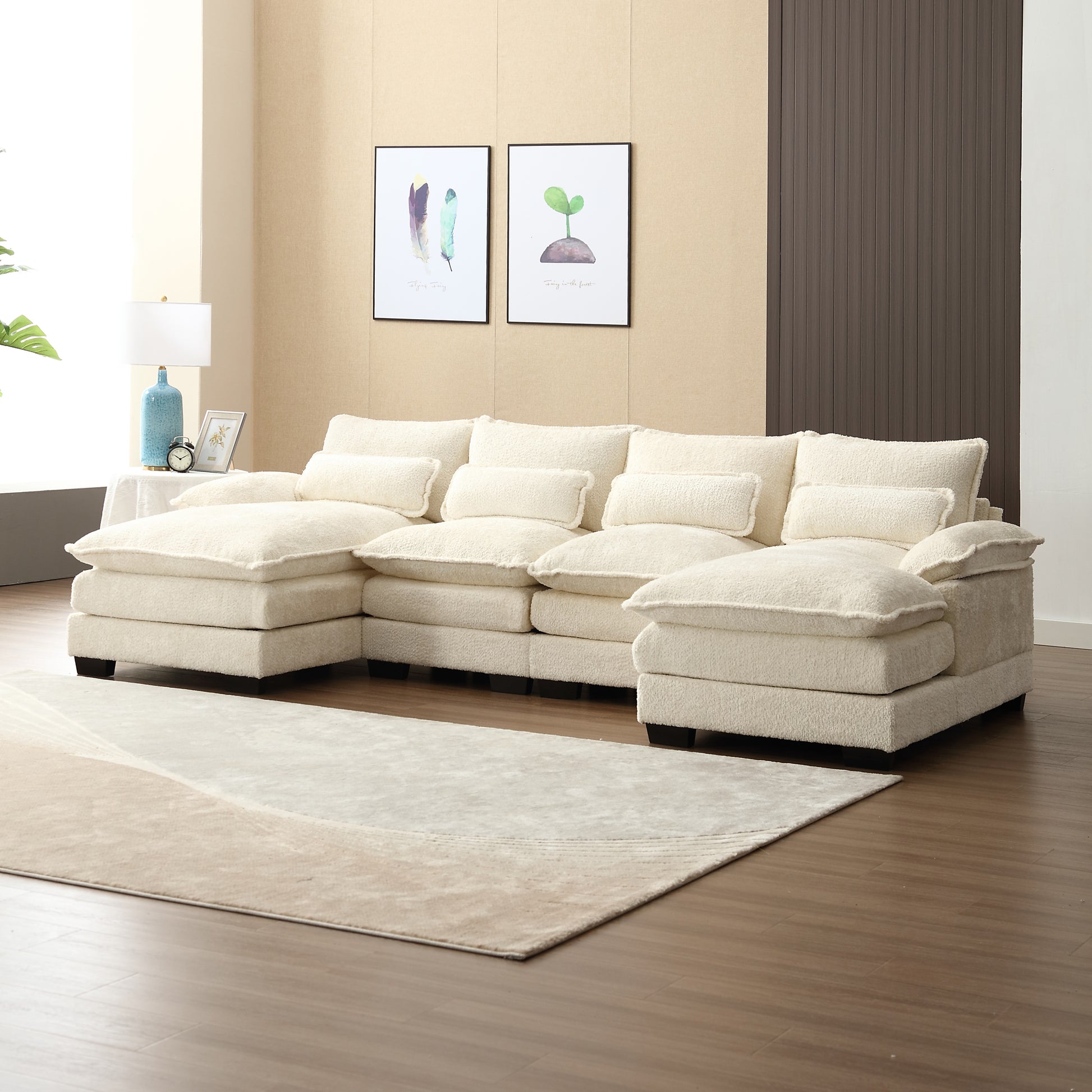 United We Win Modern Large Chenille Fabric U Shape Sectional Sofa,Strong Support For Up To 500 Pounds, Filled With High Quality High Density Sponge And High Quality Memory Foam Beige Chenille 4 Seat