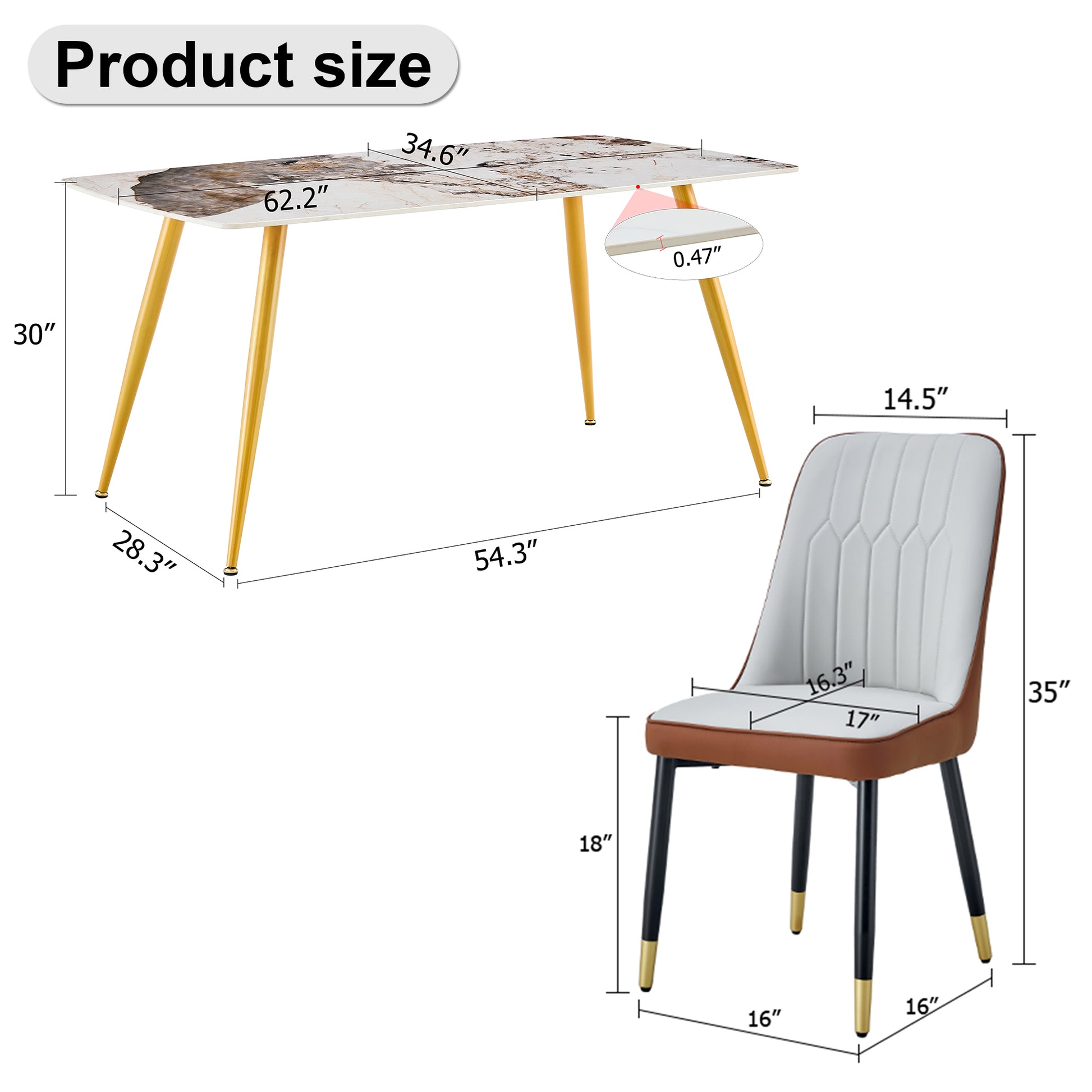 Table And Chair Set.Modern Minimalist Dining Table. White Imitation Marble Pattern Sintered Stone Desktop With Golden Metal Legs.Paried With 4 Comfortable Chairs With Pu Seats And Black Metal Legs.