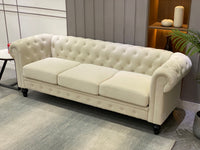 Elegant Beige Chesterfield Sofa 3 Seater Plush Fabric With Tufted Buttons And Wooden Legs Classic Design, Comfortable And Durable For Living Room Furniture Temu Suitable Beige Velvet 3 Seat