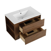 30" Wall Mounting Bathroom Vanity With Ceramic Sink, 2 Soft Close Drawer 2 Brown Oak 1 Bathroom Wall Mounted Modern Plywood