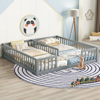 Double Twin Floor Bed With Fence, Guardrails, Without Door, Grey Twin Grey American Design Pine