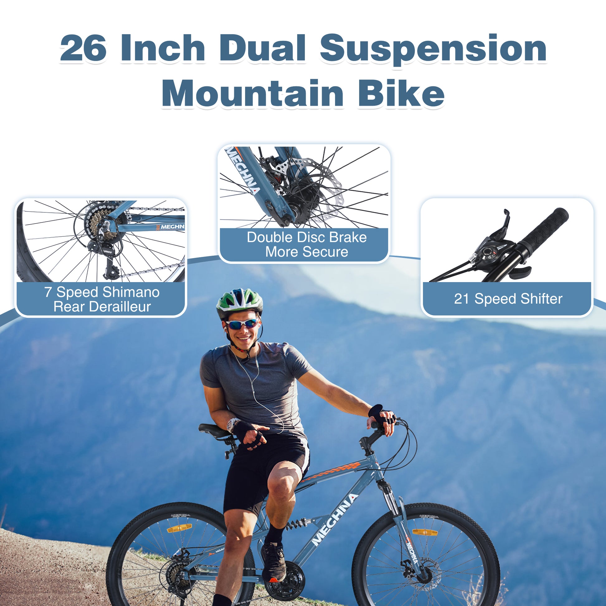 26 Inch Mountain Bike 21 Speed Dual Suspension Aluminum Alloy Frame For Men And Women'S Bike Cycling Blue Garden & Outdoor Aluminium Alloy