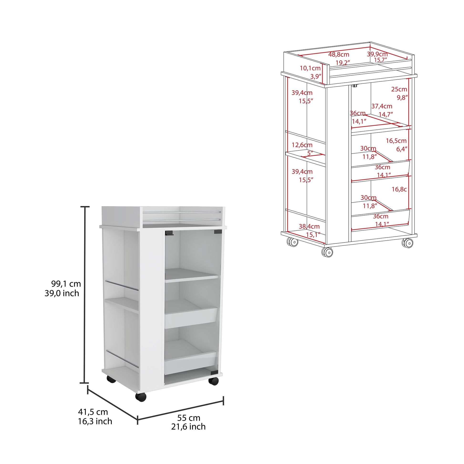 Baltimore Bar Cart With Casters, Glass Door And 2 Side Shelf White Primary Living Space Modern Rectangular Particle Board Engineered Wood Medium 40 55In