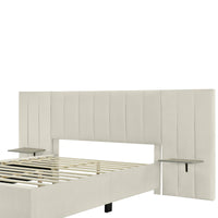 Queen Size Upholstered Platform Bed With Big Headboard, Bedroom Furniture, Velvet, Beige Queen Beige Plywood