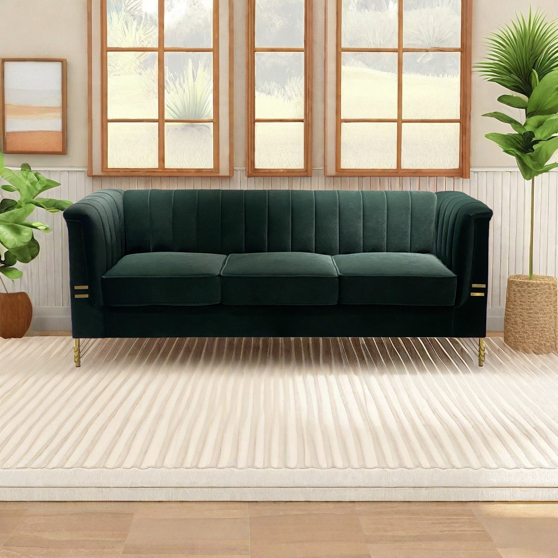 Fx P82 Gr Sofa 82.67'' W Velvet Sofa, Mid Century Sofa Furniture Chesterfield Couch For Living Room Sofa, Green Green Velvet 3 Seat