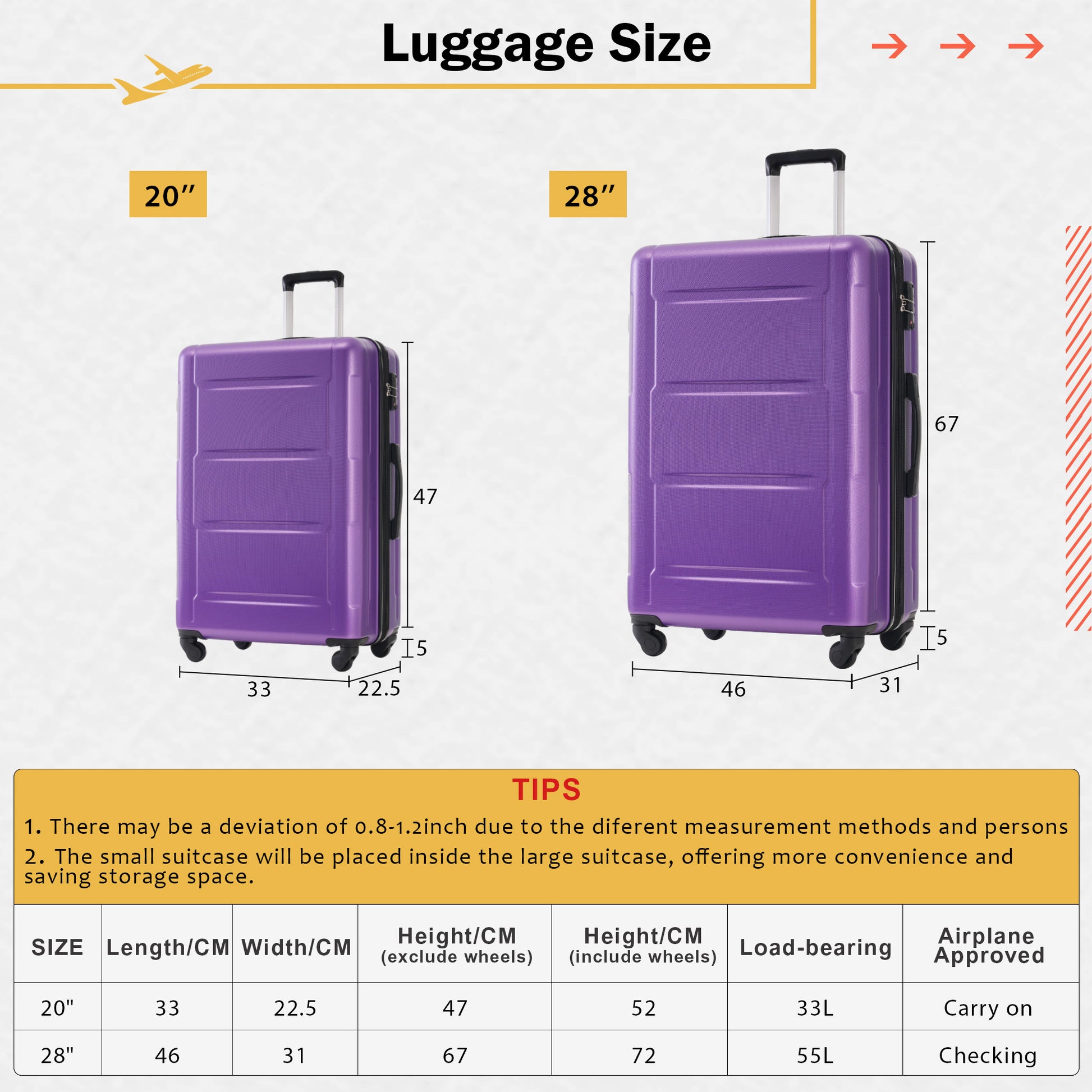 2 Piece Luggage Set With Bags Expanable Spinner Wheels Abs Lightweight Suitcase With Tsa Lock 20Inch 28Inch Purple Abs